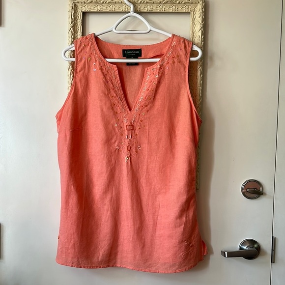 LEMON GRASS | Beaded and Embroidery Pink Sleeveless Linen Cotton Tank Top - Picture 2 of 11